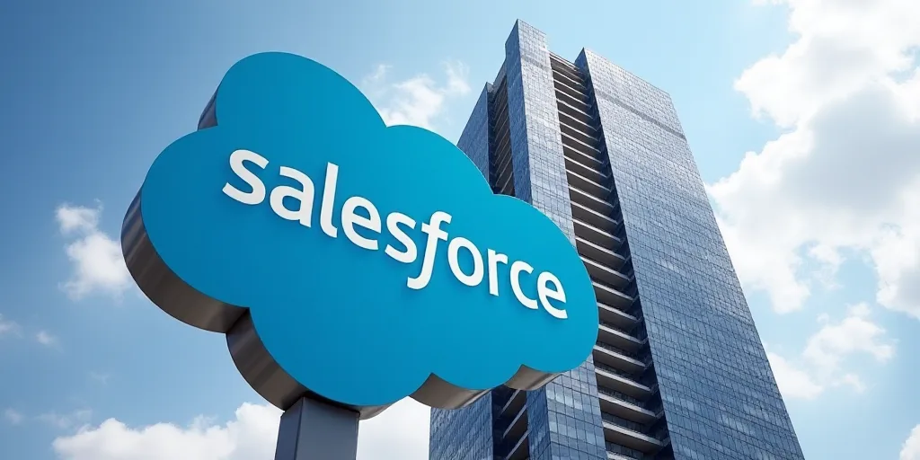 a tall building with a sky background and a sign for salesforce tower in front of it that says sales