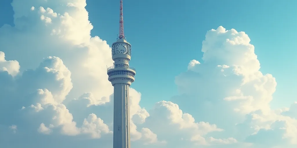 a tall tower with a clock on top of it's side and a sky background with clouds in the background, An