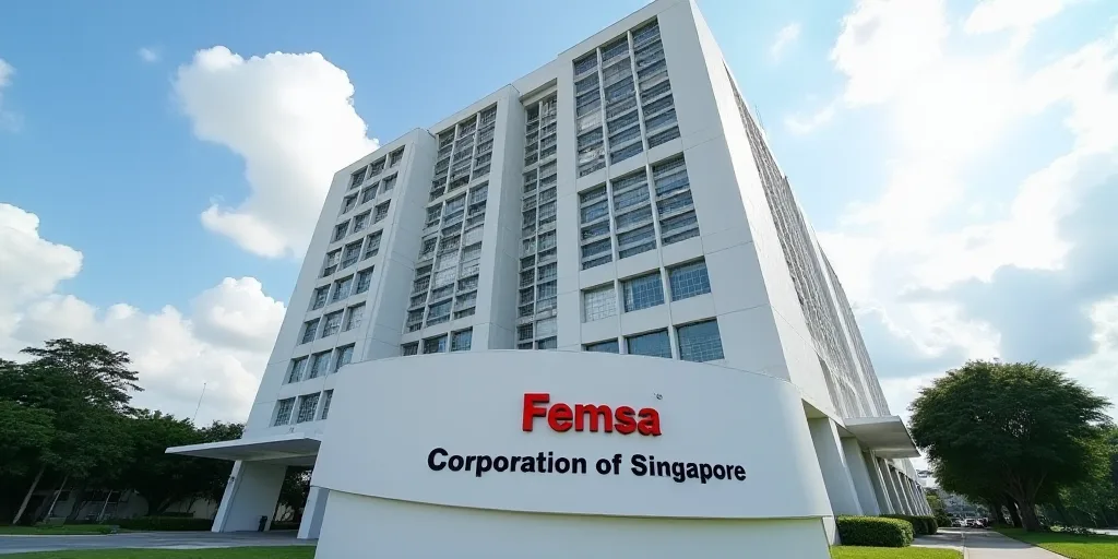 a tall white building with a sign in front of it that says femsa corporation of singapore locatica,