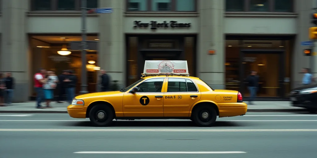 a taxi cab is driving down the street in front of a building with a new york times sign on it, David