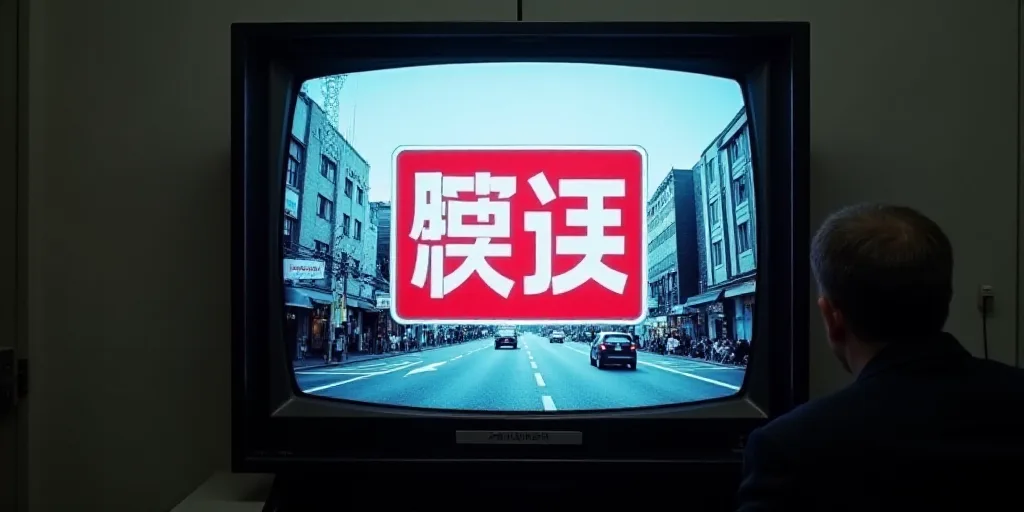 a television screen showing a city scene with a red and white sign in the middle of the screen and a