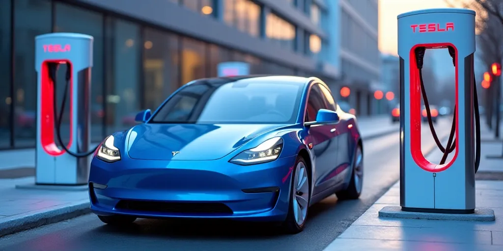 a tesla charging station with a blue tesla car in the background and a blue tesla car in the foregro