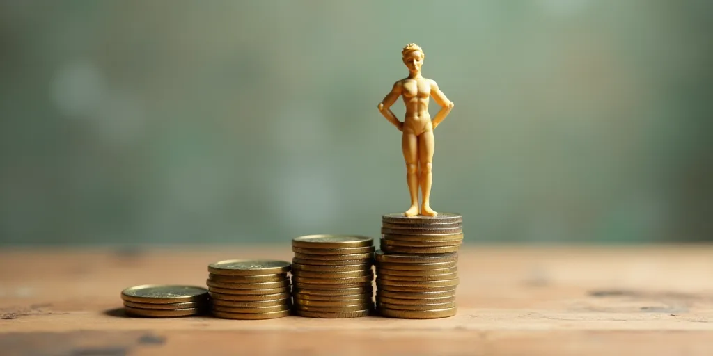 a toy man standing on top of stacks of coins with a cross on them and a stack of coins behind him, A