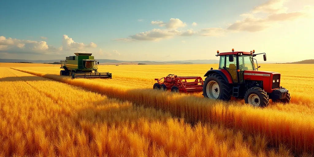 a tractor and a tractor trailer in a field of grain being harvested by a tractor trailer and a tract