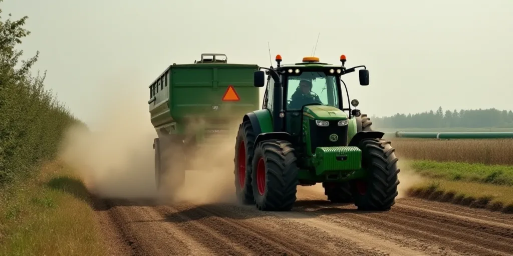 a tractor is driving down a dirt road with a green machine behind it and a green pipe in the backgro