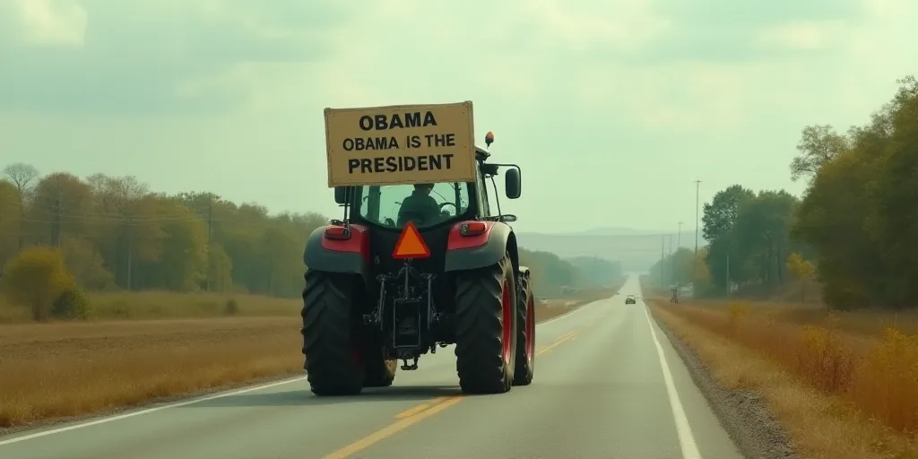 a tractor is driving down the road with a sign on it's back end that says, obama obama is the presid