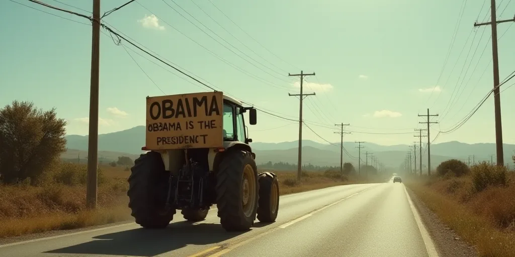 a tractor is driving down the road with a sign on it's back end that says, obama obama is the presid