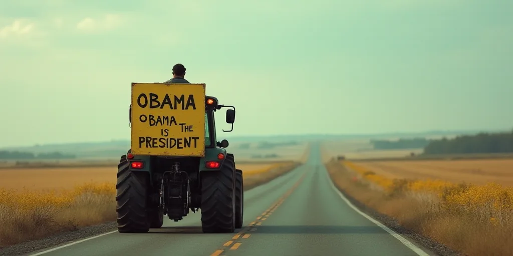 a tractor is driving down the road with a sign on it's back end that says, obama obama is the presid