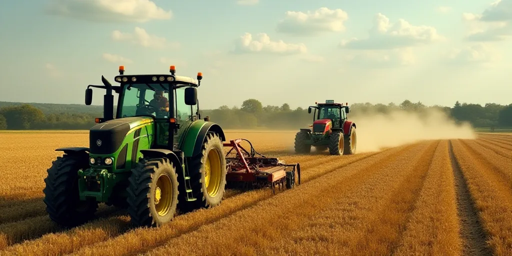 a tractor is driving through a large field of crops with a man in the background on a tractor behind