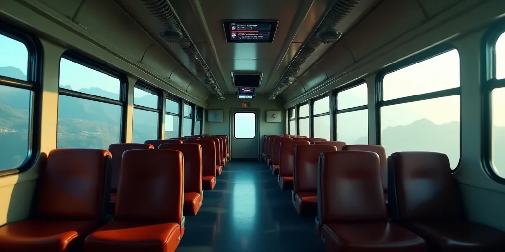 a train car with rows of empty seats and a flat screen tv mounted to the wall above the windows, Art
