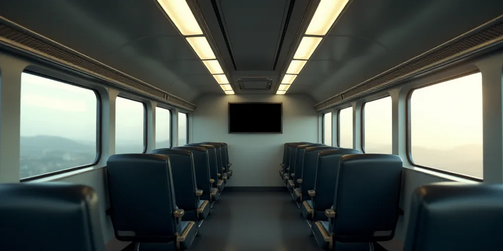 a train car with rows of empty seats and a flat screen tv mounted to the wall above the windows, Art