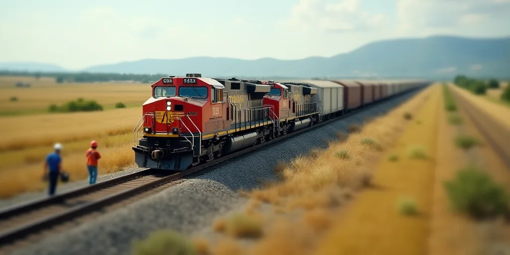 a train is being built on a track in the middle of a field with workers nearby and a construction cr