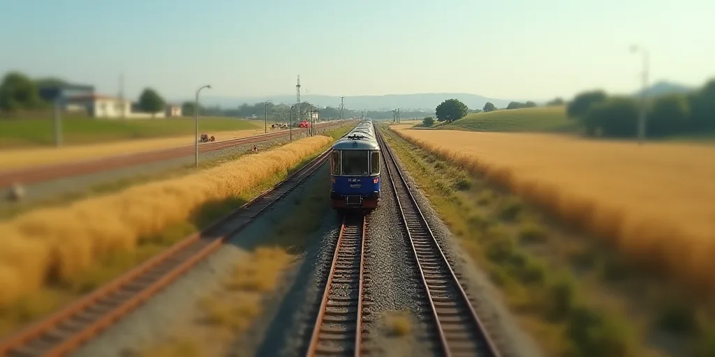 a train is being built on a track in the middle of a field with workers nearby and a train on the tr