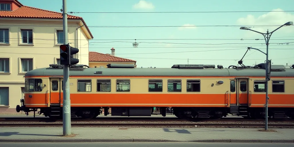 a train is parked on the tracks near a building and a traffic signal pole and a sign that says molot