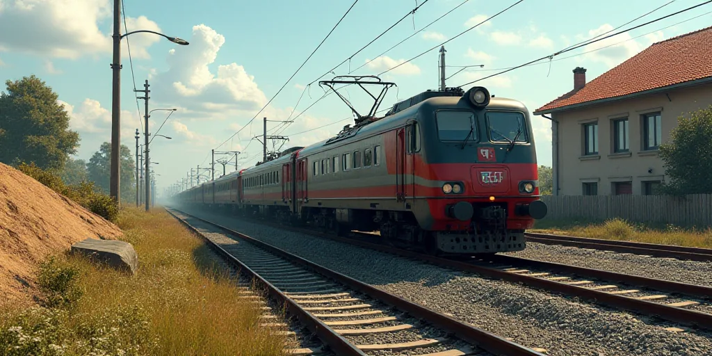 a train is traveling down the tracks near a building and a hill of dirt and grass on the side of the