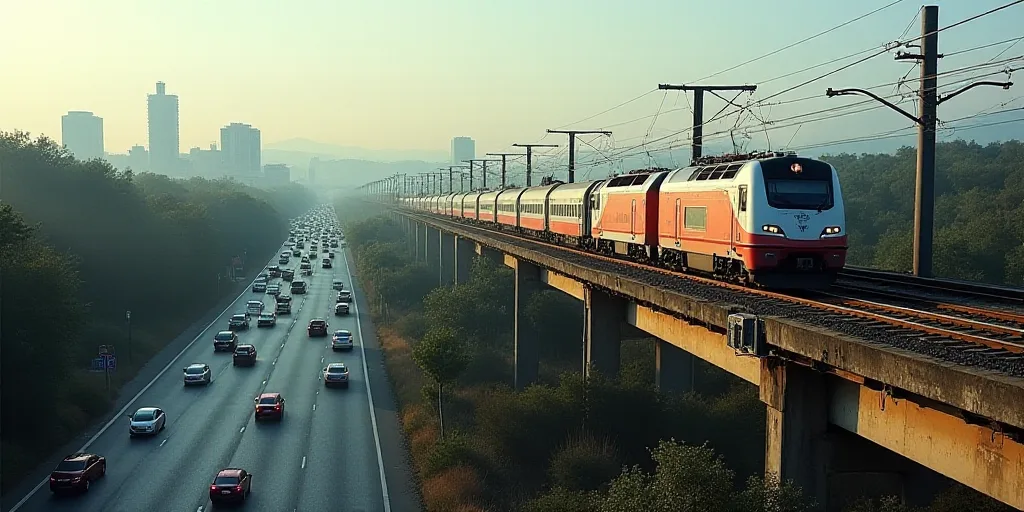 a train is traveling on a track over a highway with many cars and a bridge with lots of wires, Almad