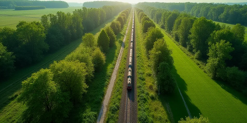 a train track running through a lush green countryside area with trees and a road running through it