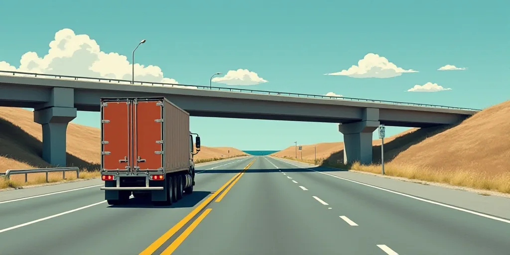 a truck driving down a road under a bridge overpass with a sky background and a few clouds in the sk