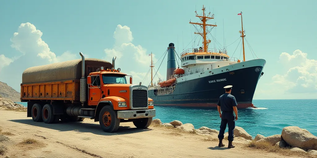 a truck is parked next to a large boat in the water and a man in uniform is standing next to it, Car