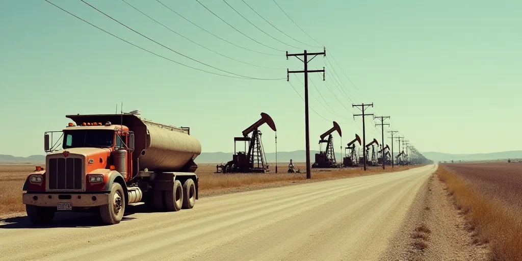a truck parked in front of a row of oil pumps on a dirt road next to a field of power lines, Elbridg