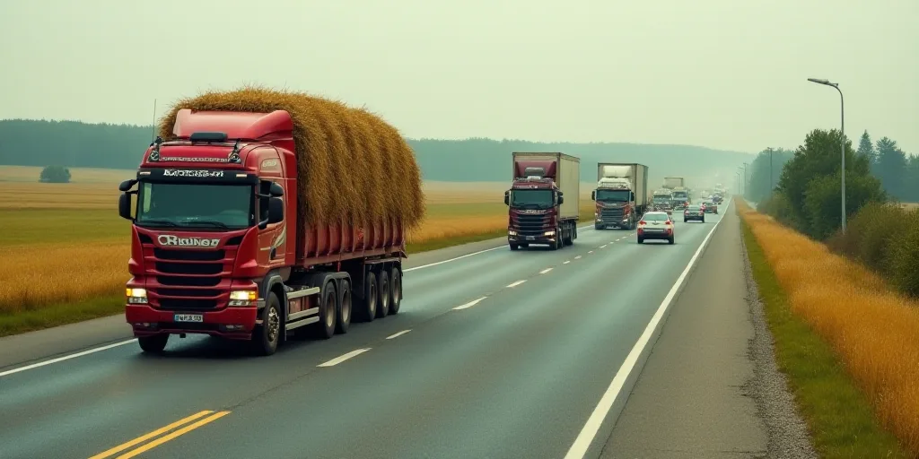 a truck with a load of hay driving down a highway next to a bunch of cars and trucks on the road, Cl