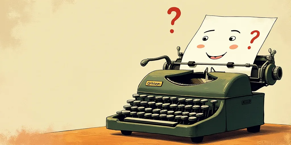 a typewriter with a face drawn on it and a caption for the words opinion and a question, Edward Otho