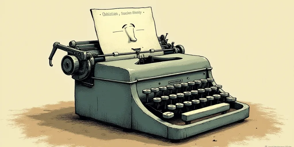 a typewriter with a face drawn on it and a caption for the words opinion and a question, Edward Otho