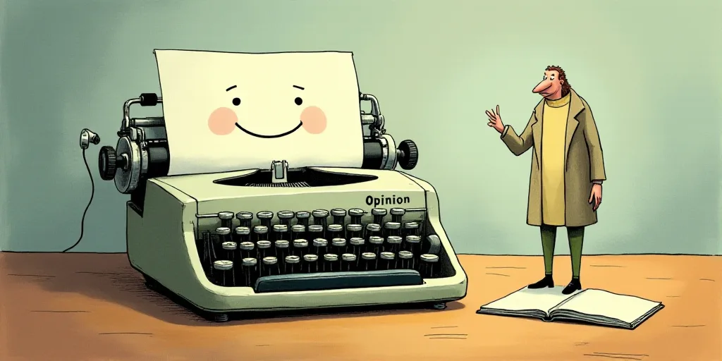 a typewriter with a face drawn on it and a caption for the words opinion and a question, Edward Otho