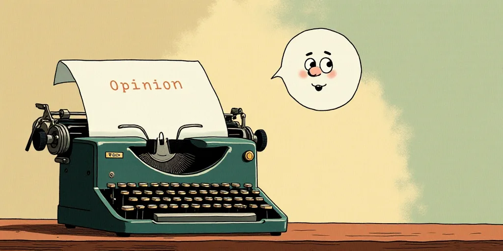 a typewriter with a face drawn on it and a caption for the words opinion and a question, Edward Otho