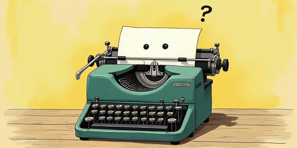 a typewriter with a face drawn on it and a caption for the words opinion and a question, Edward Otho