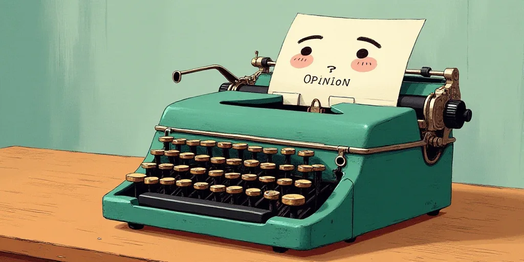 a typewriter with a face drawn on it and a caption for the words opinion and a question, Edward Otho