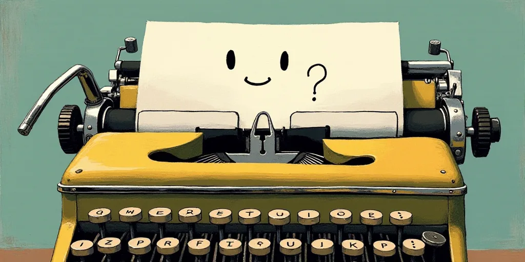 a typewriter with a face drawn on it and a caption for the words opinion and a question, Edward Otho