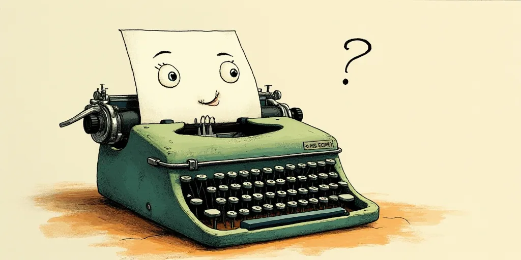 a typewriter with a face drawn on it and a caption for the words opinion and a question, Edward Otho