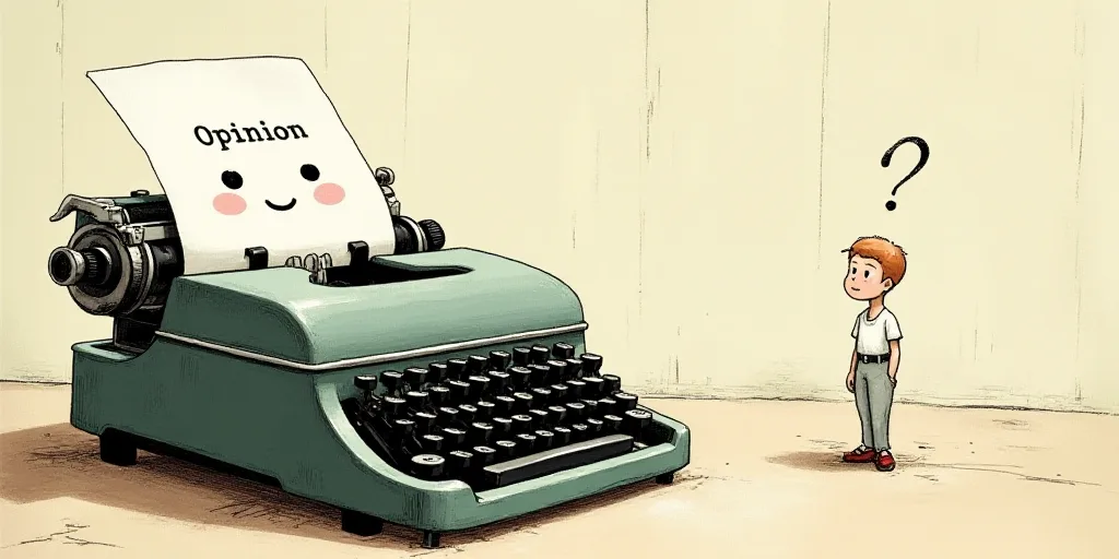a typewriter with a face drawn on it and a caption for the words opinion and a question, Edward Otho