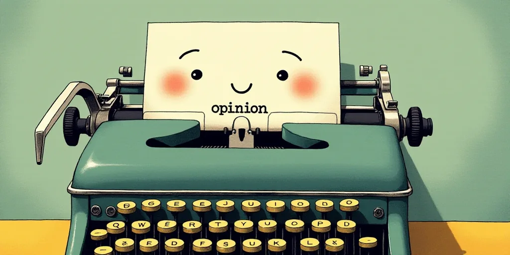 a typewriter with a face drawn on it and a caption for the words opinion and a question, Edward Otho