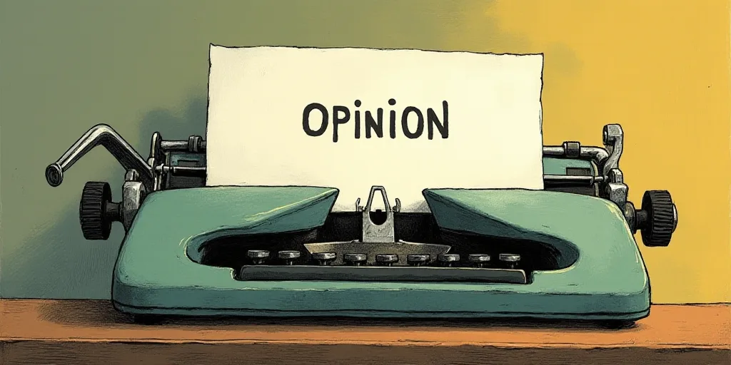 a typewriter with a face drawn on it and a caption for the words opinion and a question, Edward Otho