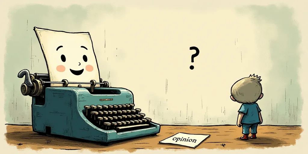 a typewriter with a face drawn on it and a caption for the words opinion and a question, Edward Otho