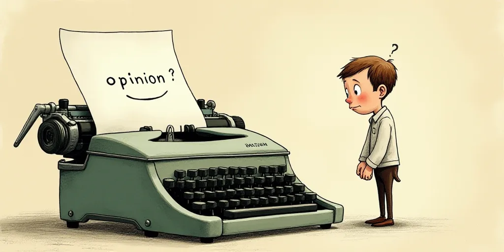 a typewriter with a face drawn on it and a caption for the words opinion and a question, Edward Otho