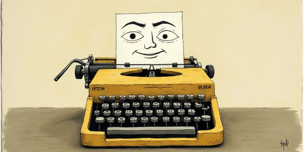 a typewriter with a face drawn on it and a caption for the words opinion and a question, Edward Otho