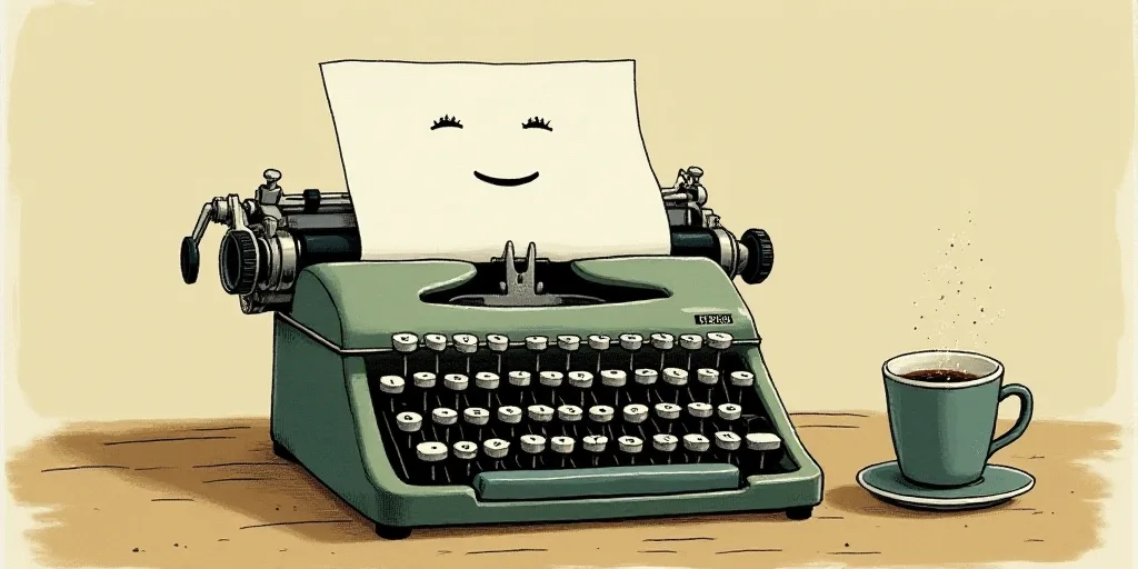 a typewriter with a face drawn on it and a caption for the words opinion and a question, Edward Otho
