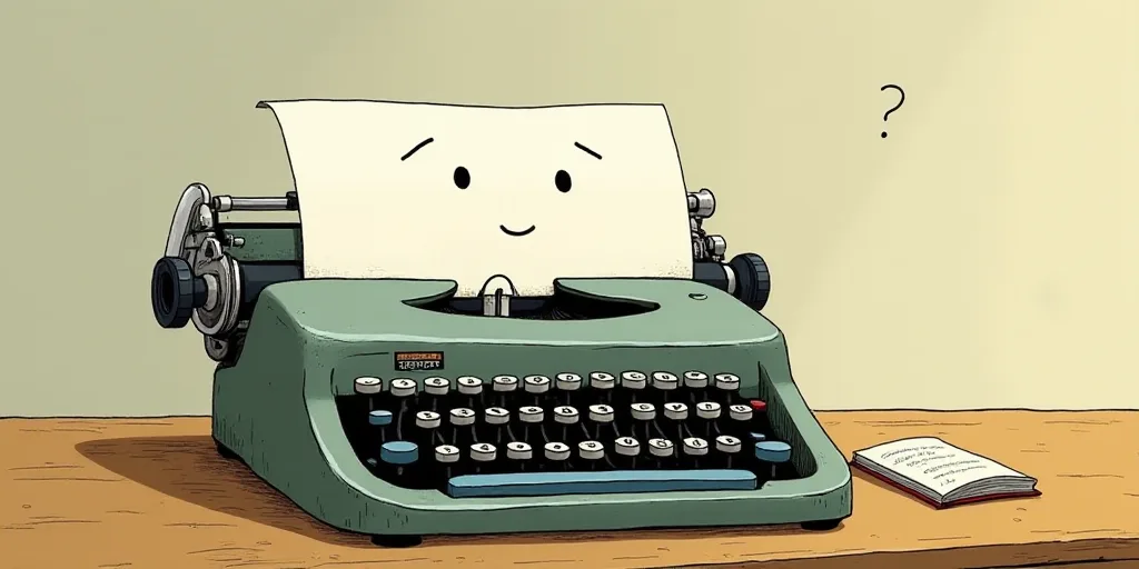 a typewriter with a face drawn on it and a caption for the words opinion and a question, Edward Otho