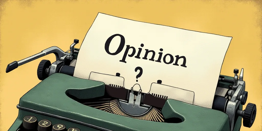 a typewriter with a face drawn on it and a caption for the words opinion and a question, Edward Otho