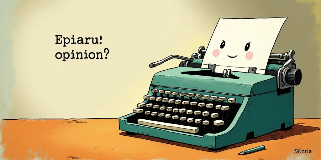 a typewriter with a face drawn on it and a caption for the words opinion and a question, Edward Otho