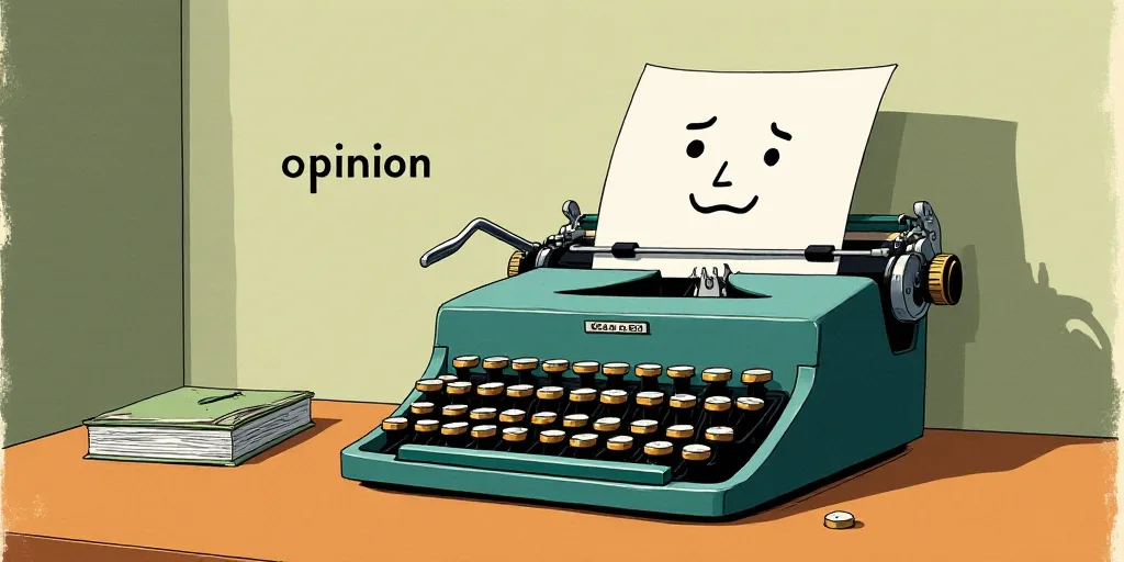 a typewriter with a face drawn on it and a caption for the words opinion and a question, Edward Otho