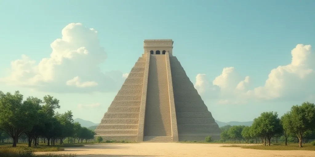 a very tall pyramid with a sky background and trees around it, with a few clouds overhead and a few