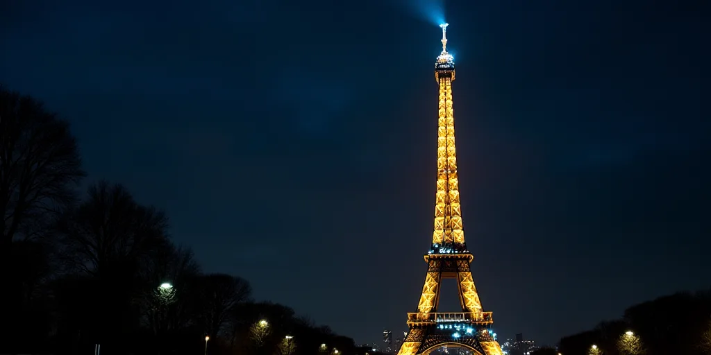 a very tall tower with a clock on it's side at night time in paris, france, with lights on the top,
