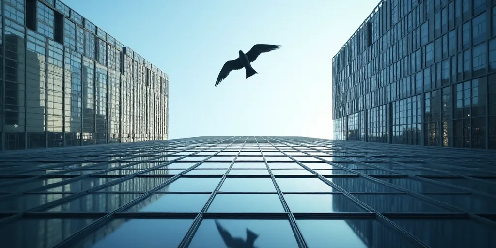 a view of a building from the ground looking up at the sky and buildings in the background with a bi