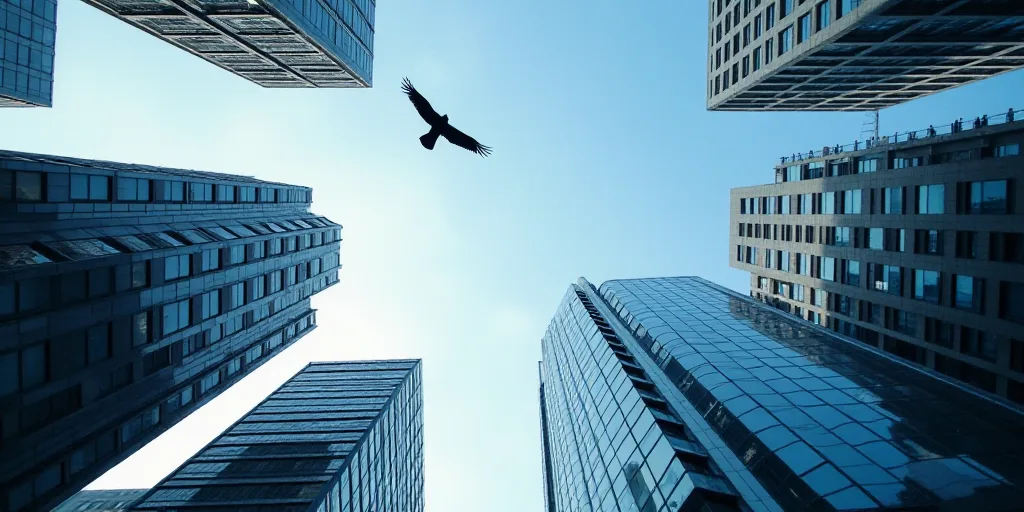 a view of a building from the ground looking up at the sky and buildings in the background with a bi