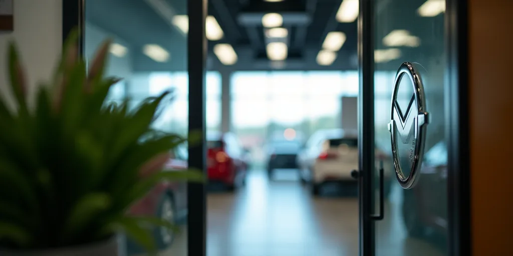 a view of a car dealership through a door way with a logo on it and a plant in the foreground, Conro