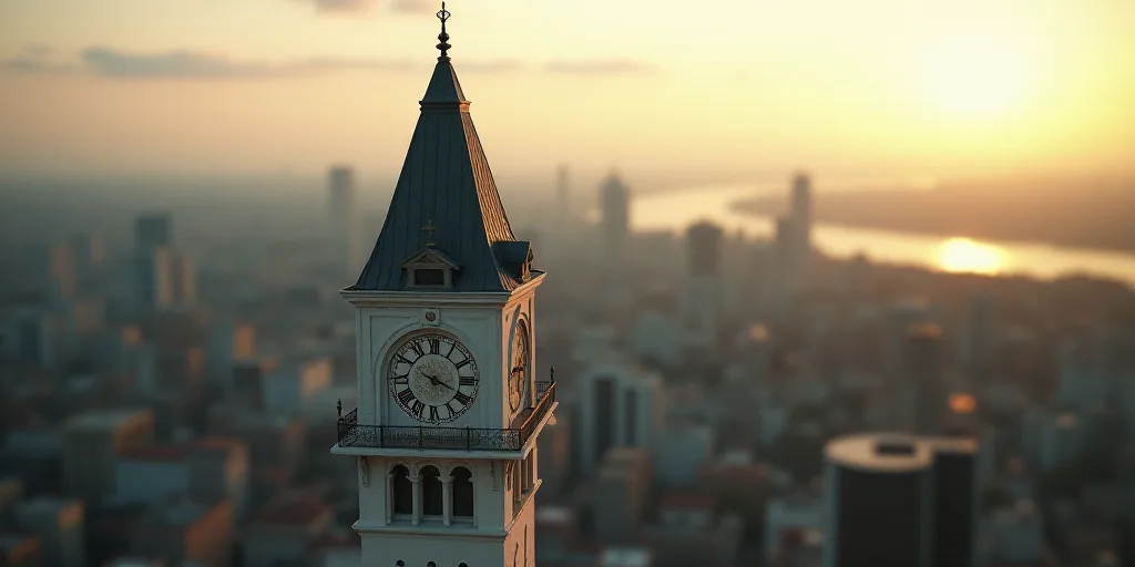 a view of a city from a high rise building with a clock tower in the foreground and a large clock on